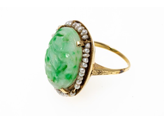 14k Gold Beautiful Vintage Pierced Green Jadeite Jade And Seed Pearl Ring, Size 6