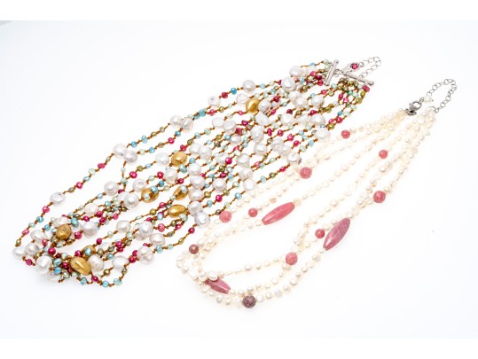 Colorful Lot Of Two Multi-strand Of Cultured Freshwater Necklace