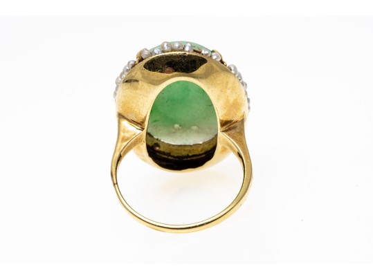 14k Gold Beautiful Vintage Pierced Green Jadeite Jade And Seed Pearl Ring, Size 6