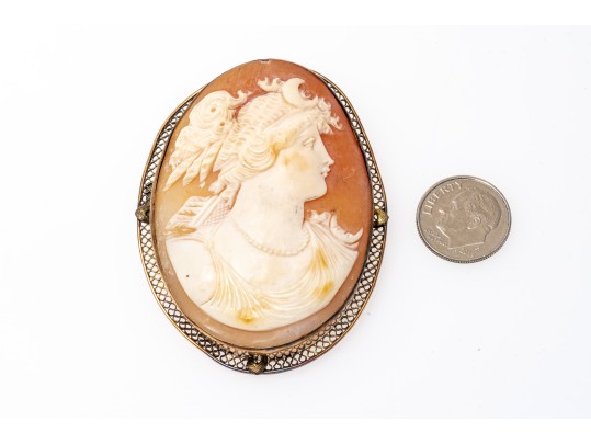 14k White And Yellow Gold Lot Of Two Large Vintage Cameo Brooches, One Diamond Set