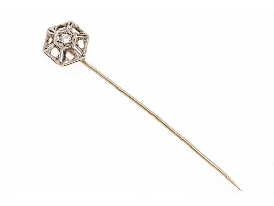 14k White Gold Vintage Filigree Top Stick Pin, Diamond Set, Approximately 0.10 CTS