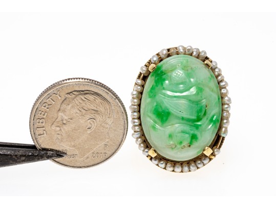 14k Gold Beautiful Vintage Pierced Green Jadeite Jade And Seed Pearl Ring, Size 6