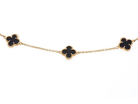 Sterling Silver Vermeil And Black Onyx Quadrefoil Form Opera Length Station Necklace