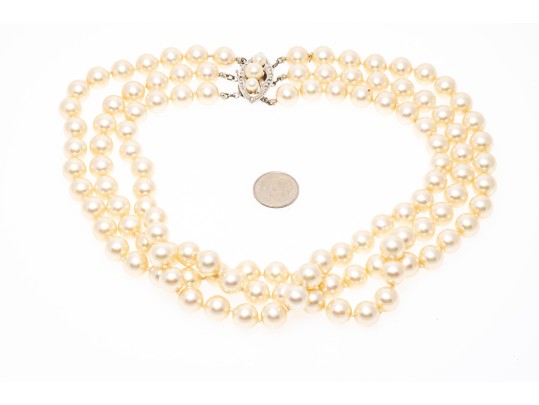 Majorica Pair Of Faux Pearl Triple Strand Necklaces, Boxed