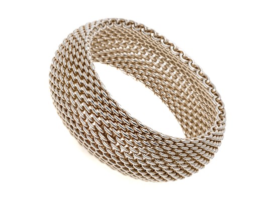 Tiffany & Co. Sterling Silver Striking Wide Bombe Mesh Slip On Bangle Bracelet, With Felt