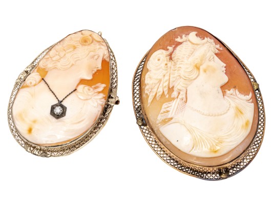 14k White And Yellow Gold Lot Of Two Large Vintage Cameo Brooches, One Diamond Set