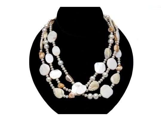 Pretty Triple Strand Mother-of-pearl And Cultured Freshwater Pearl Strand
