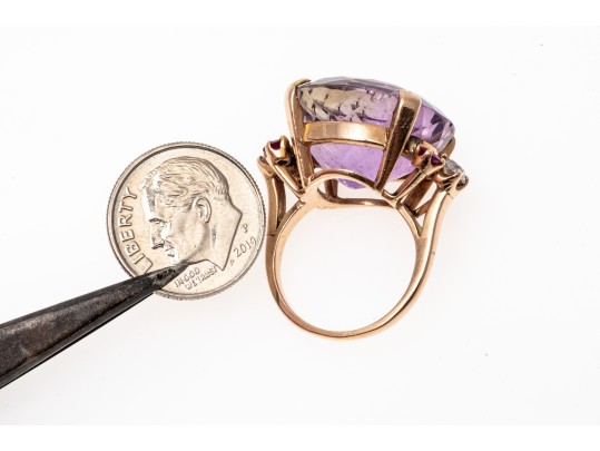 14k Yellow Gold Impactful Large Purple Amethyst, Diamond And Ruby Ring, Size 5.75