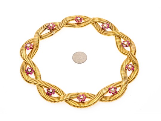 14k Magnificent Wide Heavy Vintage Snake Chain, Ruby And Diamond Cluster Choker
