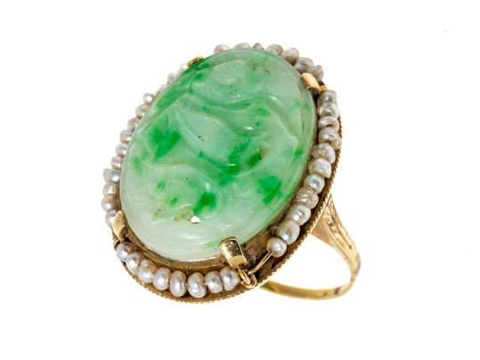 14k Gold Beautiful Vintage Pierced Green Jadeite Jade And Seed Pearl Ring, Size 6