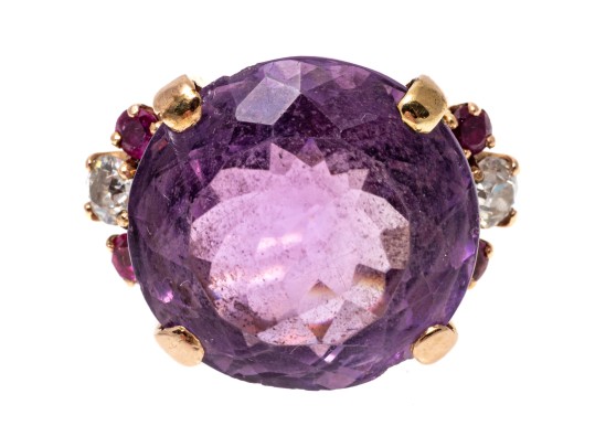 14k Yellow Gold Impactful Large Purple Amethyst, Diamond And Ruby Ring, Size 5.75
