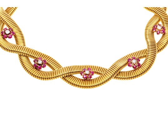 14k Magnificent Wide Heavy Vintage Snake Chain, Ruby And Diamond Cluster Choker
