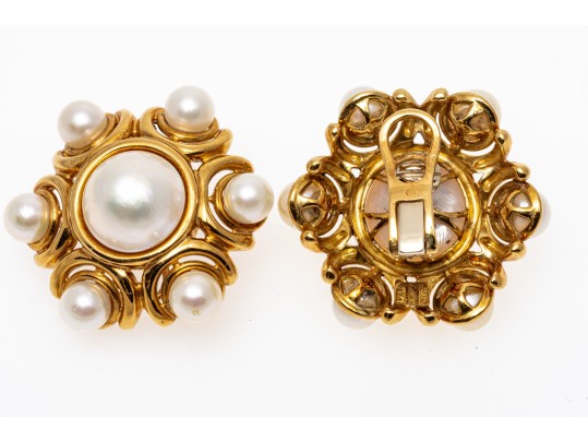 18k Yellow Gold Majestic Vintage Cultured Mabe And Cultured Pearl Earrings