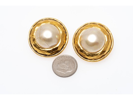 Chanel Striking Vintage Faux Mabe Pearl Costume Jewelry Earrings, With Box