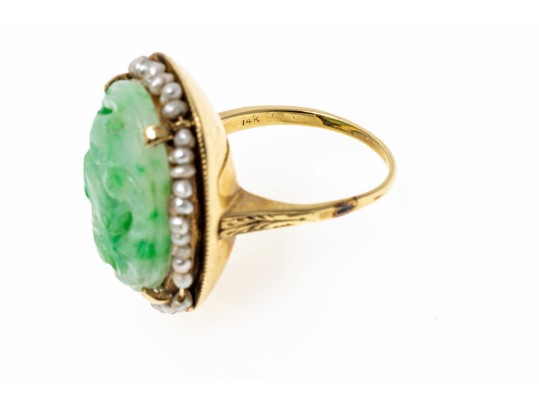 14k Gold Beautiful Vintage Pierced Green Jadeite Jade And Seed Pearl Ring, Size 6