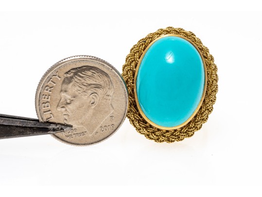18k Yellow Gold Beautiful Vintage Oval Cabachon Turquoise Ring, Braided Edge, Size 6