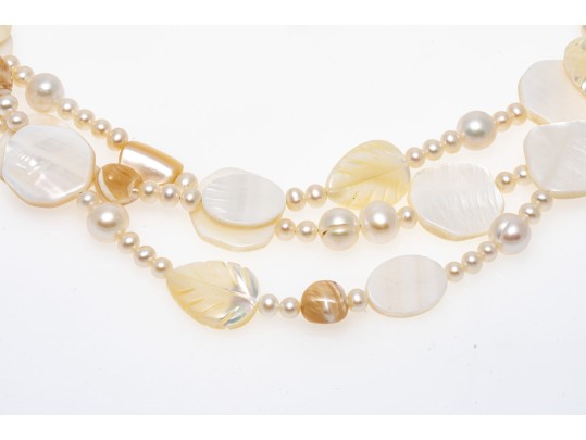 Pretty Triple Strand Mother-of-pearl And Cultured Freshwater Pearl Strand