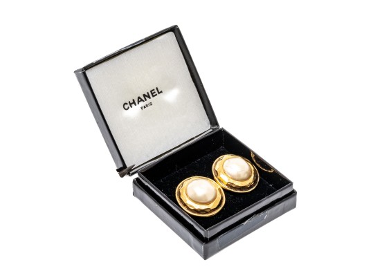 Chanel Striking Vintage Faux Mabe Pearl Costume Jewelry Earrings, With Box