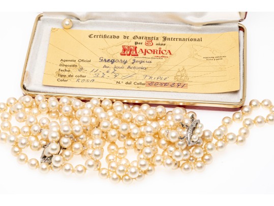 Majorica Pair Of Faux Pearl Triple Strand Necklaces, Boxed