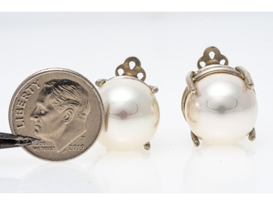 Sterling Silver Large 14mm Mm Faux Pearl Solitaire Earrings