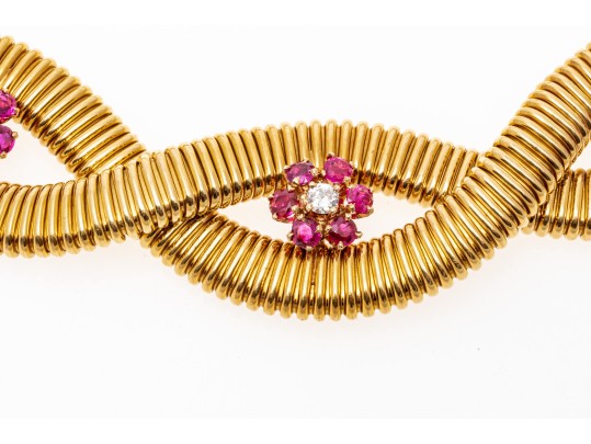 14k Magnificent Wide Heavy Vintage Snake Chain, Ruby And Diamond Cluster Choker