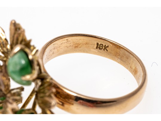 18k Yellow Gold Handsome Nephrite Jade And Foliate Cluster Ring, Size 6