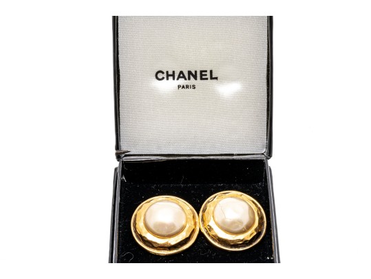 Chanel Striking Vintage Faux Mabe Pearl Costume Jewelry Earrings, With Box