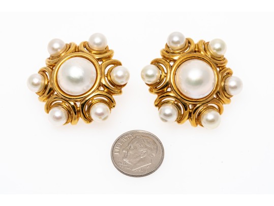 18k Yellow Gold Majestic Vintage Cultured Mabe And Cultured Pearl Earrings