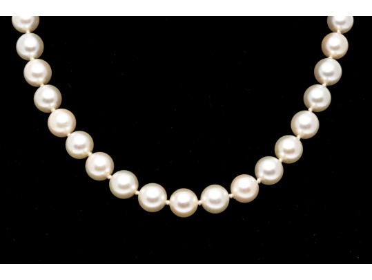 14k Floral Motif And Jade Clasped 8.75 MM Choker Length Cultured Pearl Necklace
