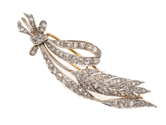 Platinum Topped And 14k Antique Diamond Wheat And Bow Motif Brooch, App. 1.42 TCW
