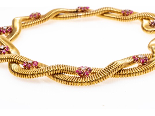 14k Magnificent Wide Heavy Vintage Snake Chain, Ruby And Diamond Cluster Choker