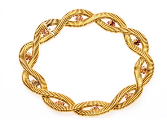 14k Magnificent Wide Heavy Vintage Snake Chain, Ruby And Diamond Cluster Choker