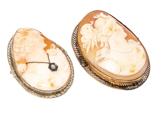 14k White And Yellow Gold Lot Of Two Large Vintage Cameo Brooches, One Diamond Set