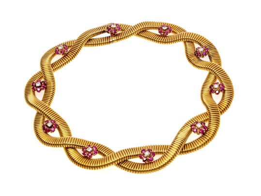 14k Magnificent Wide Heavy Vintage Snake Chain, Ruby And Diamond Cluster Choker