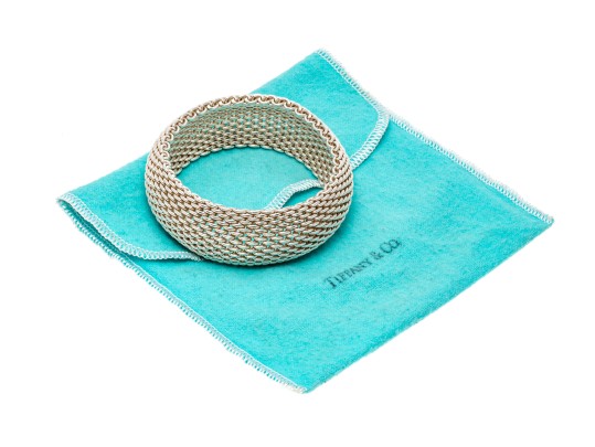 Tiffany & Co. Sterling Silver Striking Wide Bombe Mesh Slip On Bangle Bracelet, With Felt