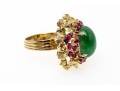 14k Yellow Gold Lovely Vintage Nephrite Jade Ring With A Ruby Cluster Border, Size 5.75