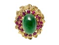 14k Yellow Gold Lovely Vintage Nephrite Jade Ring With A Ruby Cluster Border, Size 5.75