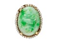 14k Gold Beautiful Vintage Pierced Green Jadeite Jade And Seed Pearl Ring, Size 6