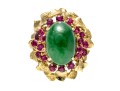 14k Yellow Gold Lovely Vintage Nephrite Jade Ring With A Ruby Cluster Border, Size 5.75