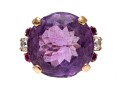 14k Yellow Gold Impactful Large Purple Amethyst, Diamond And Ruby Ring, Size 5.75