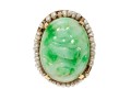 14k Gold Beautiful Vintage Pierced Green Jadeite Jade And Seed Pearl Ring, Size 6