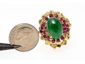 14k Yellow Gold Lovely Vintage Nephrite Jade Ring With A Ruby Cluster Border, Size 5.75