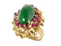 14k Yellow Gold Lovely Vintage Nephrite Jade Ring With A Ruby Cluster Border, Size 5.75