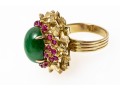 14k Yellow Gold Lovely Vintage Nephrite Jade Ring With A Ruby Cluster Border, Size 5.75