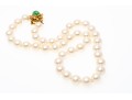 14k Floral Motif And Jade Clasped 8.75 MM Choker Length Cultured Pearl Necklace