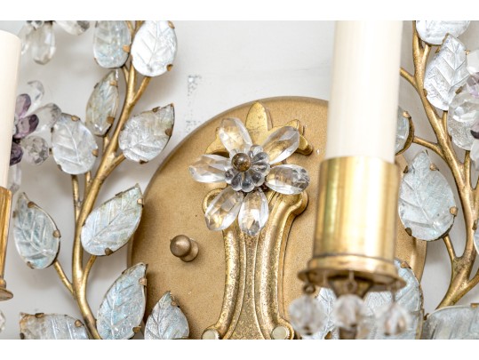 Pair Of French Gilt Metal And Cut Crystal And Amethyst Two-light Wall Sconces 