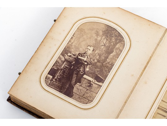 Antique Leather Bound Photograph Album Together With Two Antique Photos
