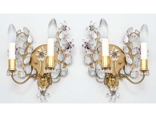 Pair Of French Gilt Metal And Cut Crystal And Amethyst Two-light Wall Sconces 