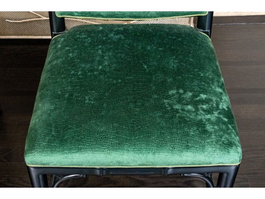 Six Chinese Chippendale Style Black Lacquered Dining Chairs In Green Faux Snakeskin Upholstery