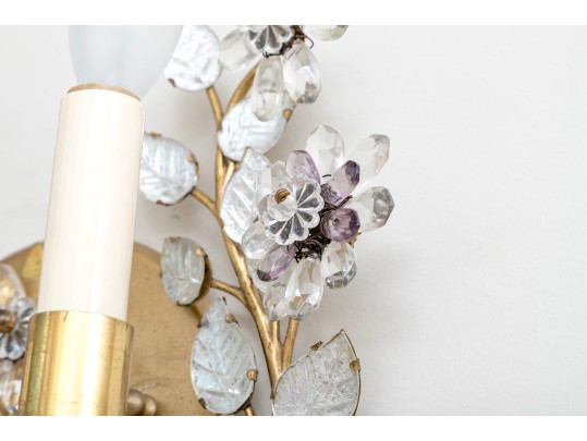 Pair Of French Gilt Metal And Cut Crystal And Amethyst Two-light Wall Sconces 